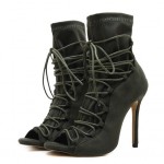Green Suede Lace Up Peep Toe Strappy Stiletto High Heels Ankle Boots Shoes